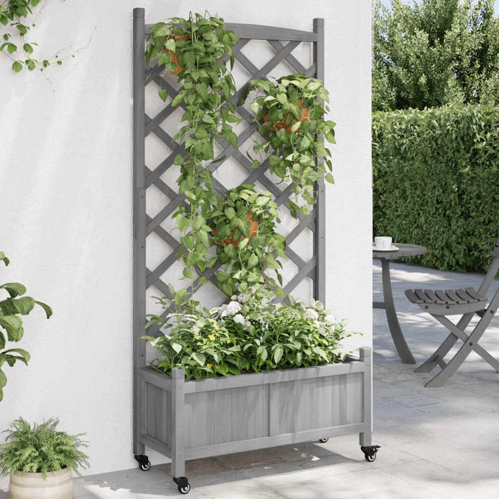 vidaXL Jardinera con enrejado y ruedas madera maciza de abeto gris