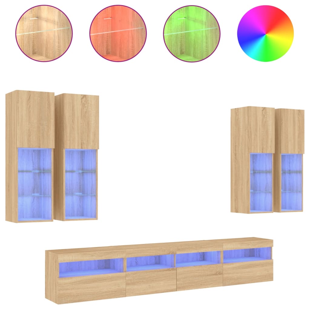 vidaXL Muebles de TV de pared con luces LED 7 piezas roble sonoma