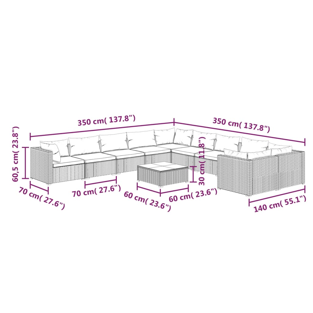 vidaXL Set muebles de jardín 11 pzas y cojines ratán sintético marrón