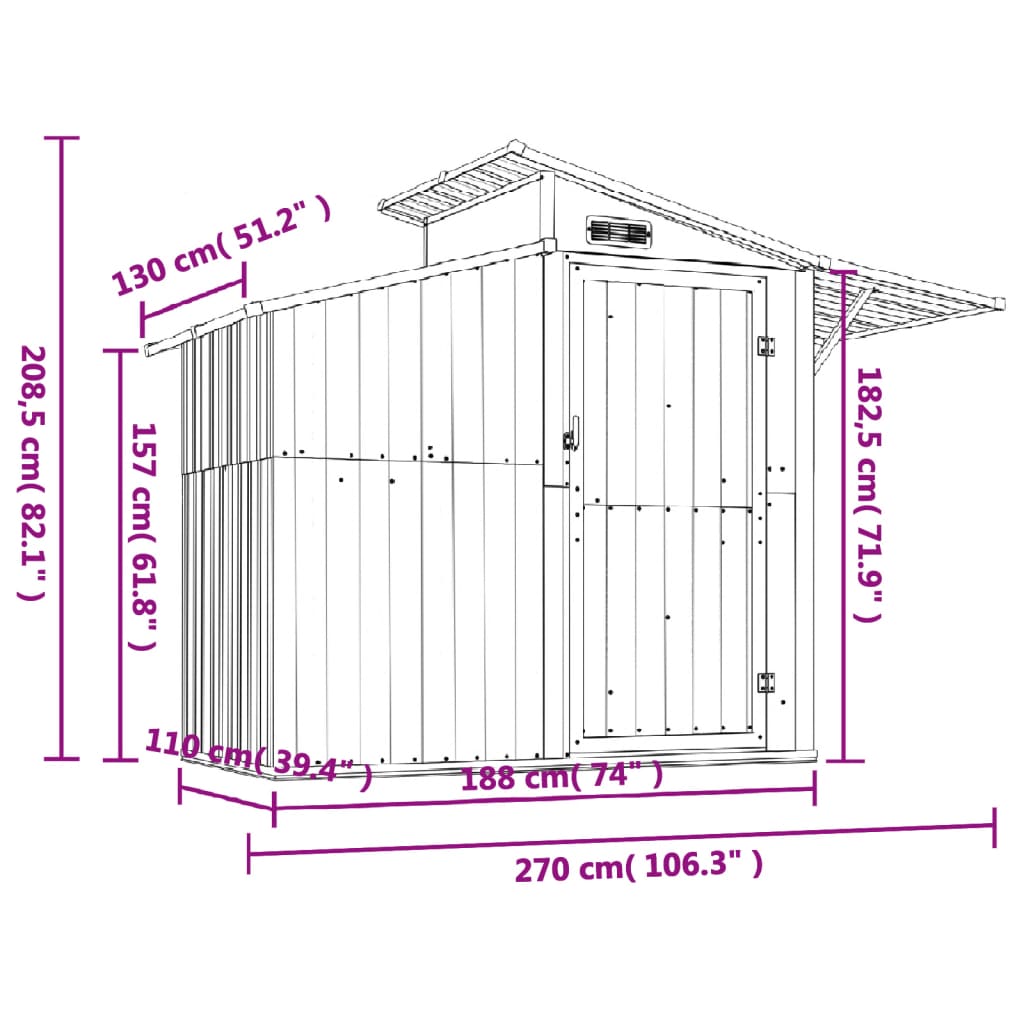 vidaXL Cobertizo de jardín acero galvanizado antracita 270x130x208,5cm