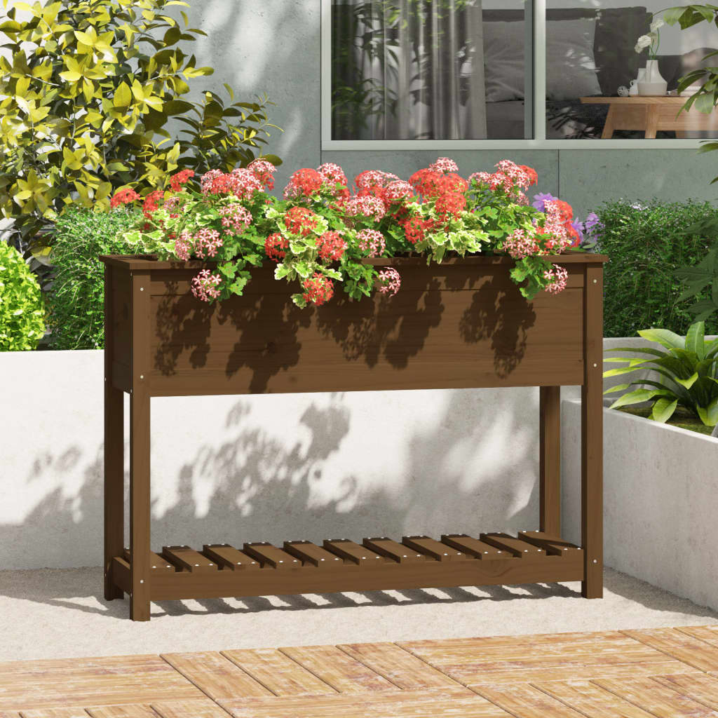 vidaXL Jardinera con estante madera maciza pino marrón 111,5x34,5x81cm