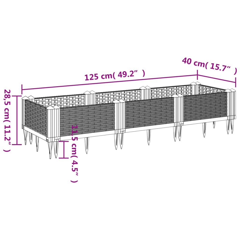 vidaXL Jardinera con clavijas PP gris claro 125x40x28,5 cm