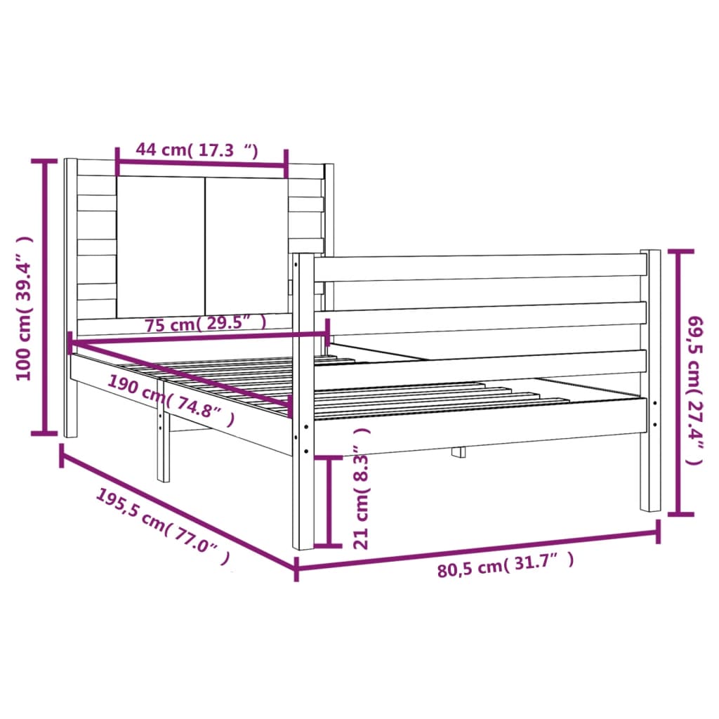 vidaXL Estructura de cama madera maciza de pino 75x190 cm