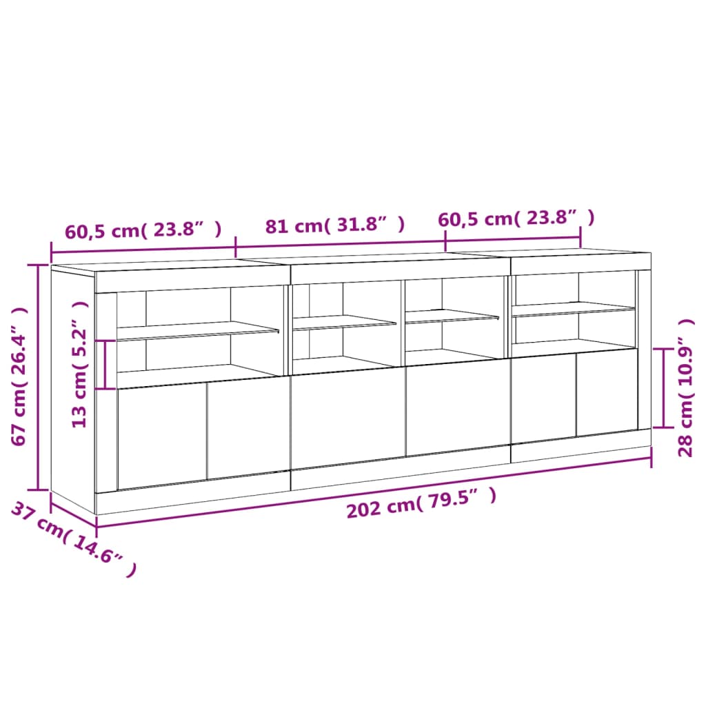 vidaXL Aparador con luces LED blanco 202x37x67 cm