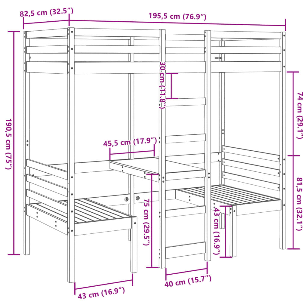 vidaXL Cama alta escritorio y asientos madera maciza blanco 75x190 cm