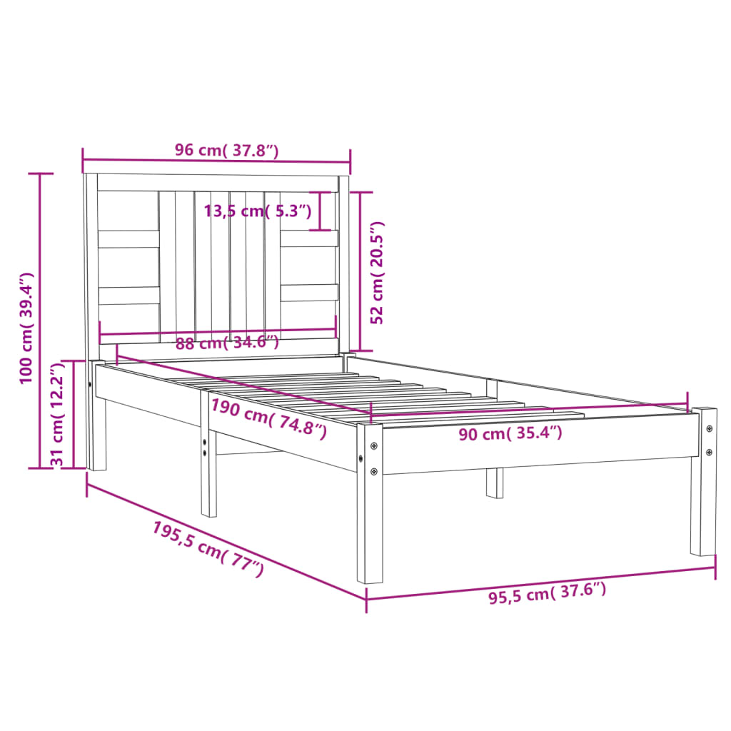 vidaXL Estructura de cama individual madera maciza blanco 90x190 cm