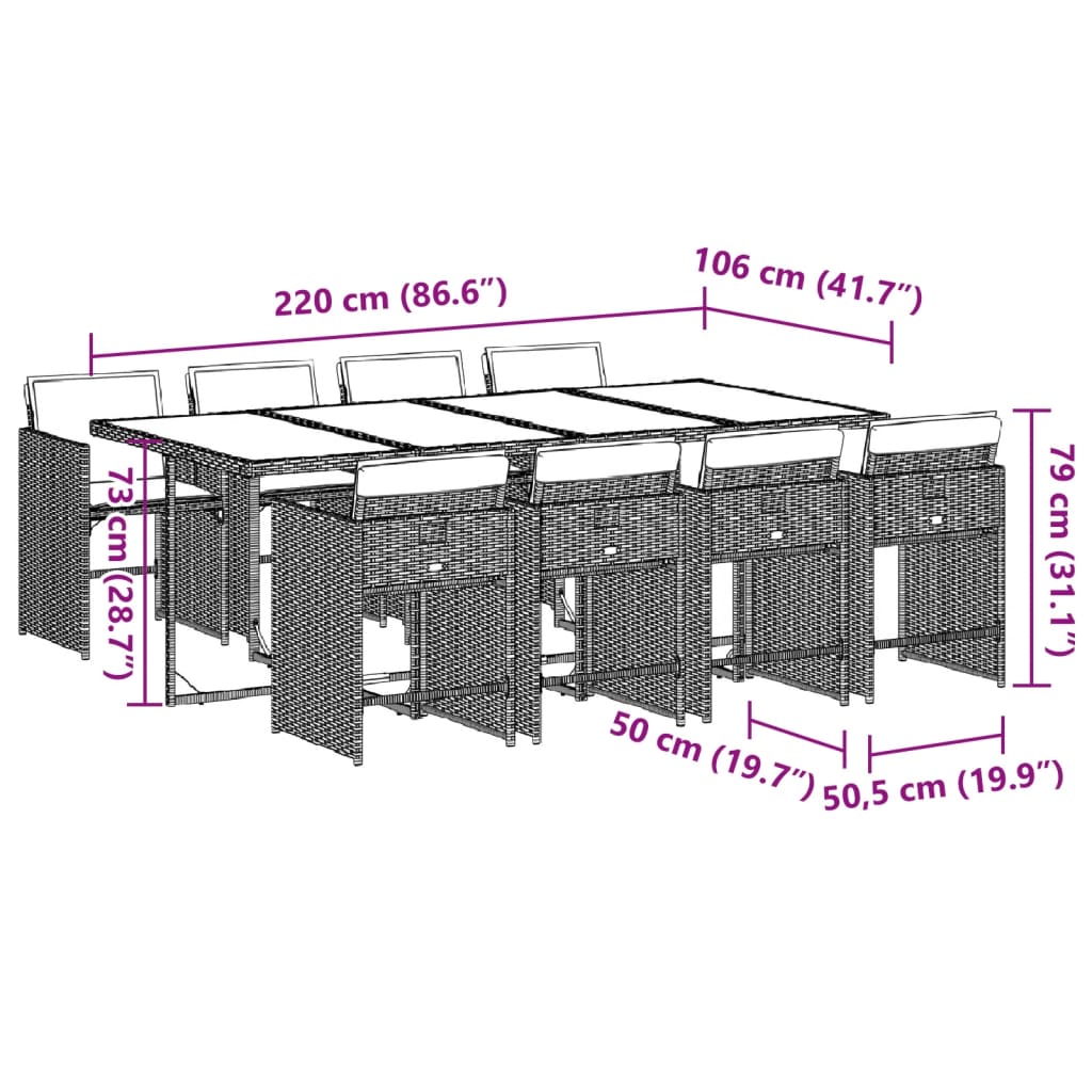 vidaXL Set comedor jardín 9 pzas y cojines ratán sintético gris