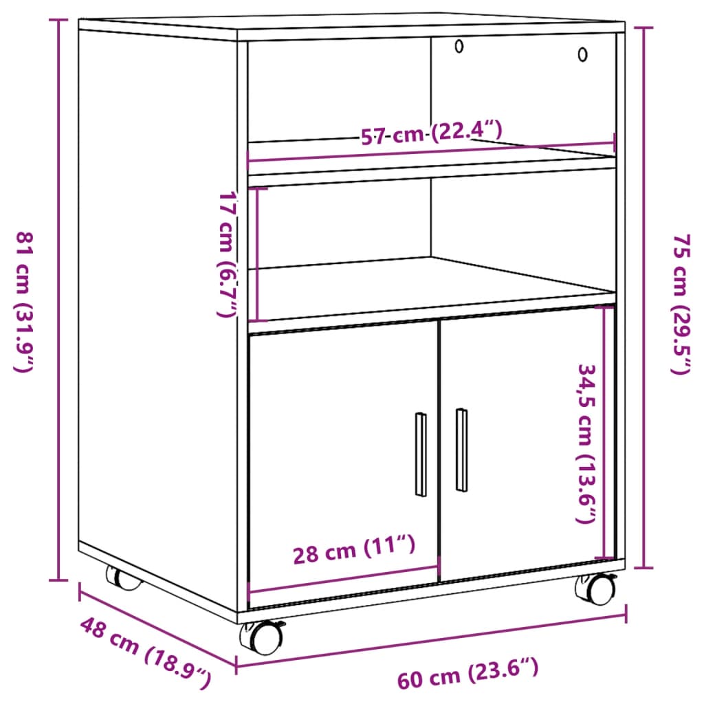 vidaXL Armario con ruedas madera ingeniería gris hormigón 60x48x81 cm