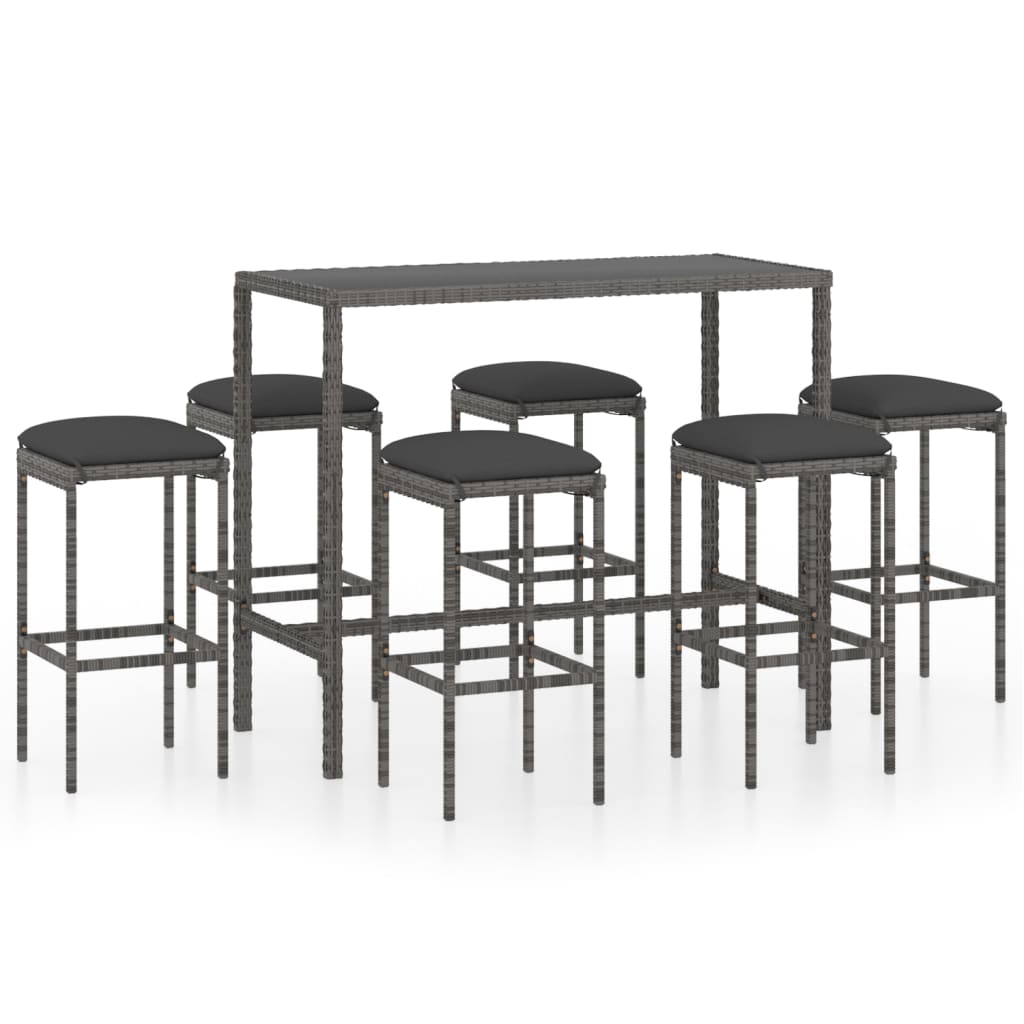 vidaXL Set muebles bar jardín 7 piezas y cojines ratán sintético gris