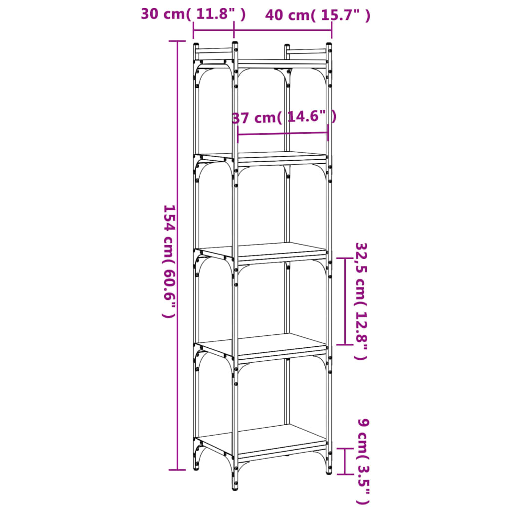 vidaXL Librería 5 estantes madera ingeniería gris Sonoma 40x30x154 cm