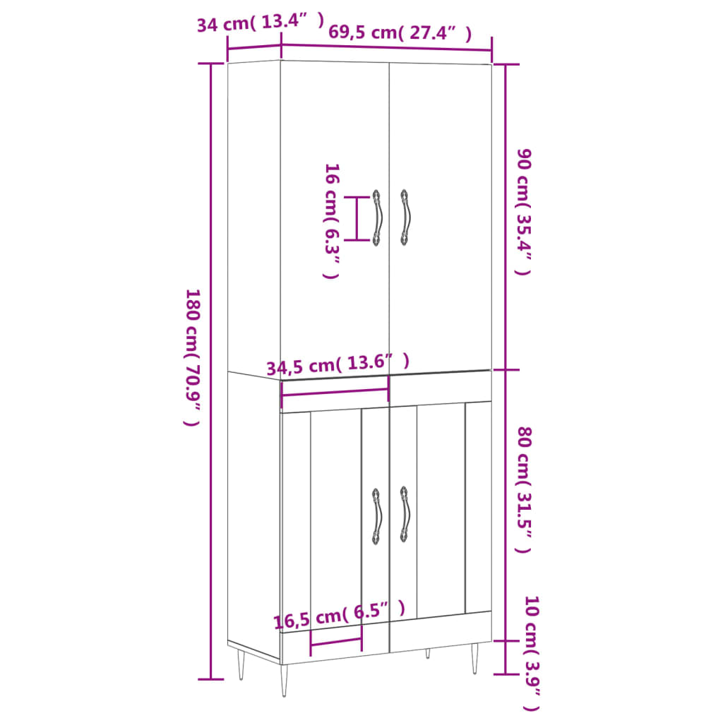 vidaXL Aparador alto madera contrachapada blanco 69,5x34x180 cm