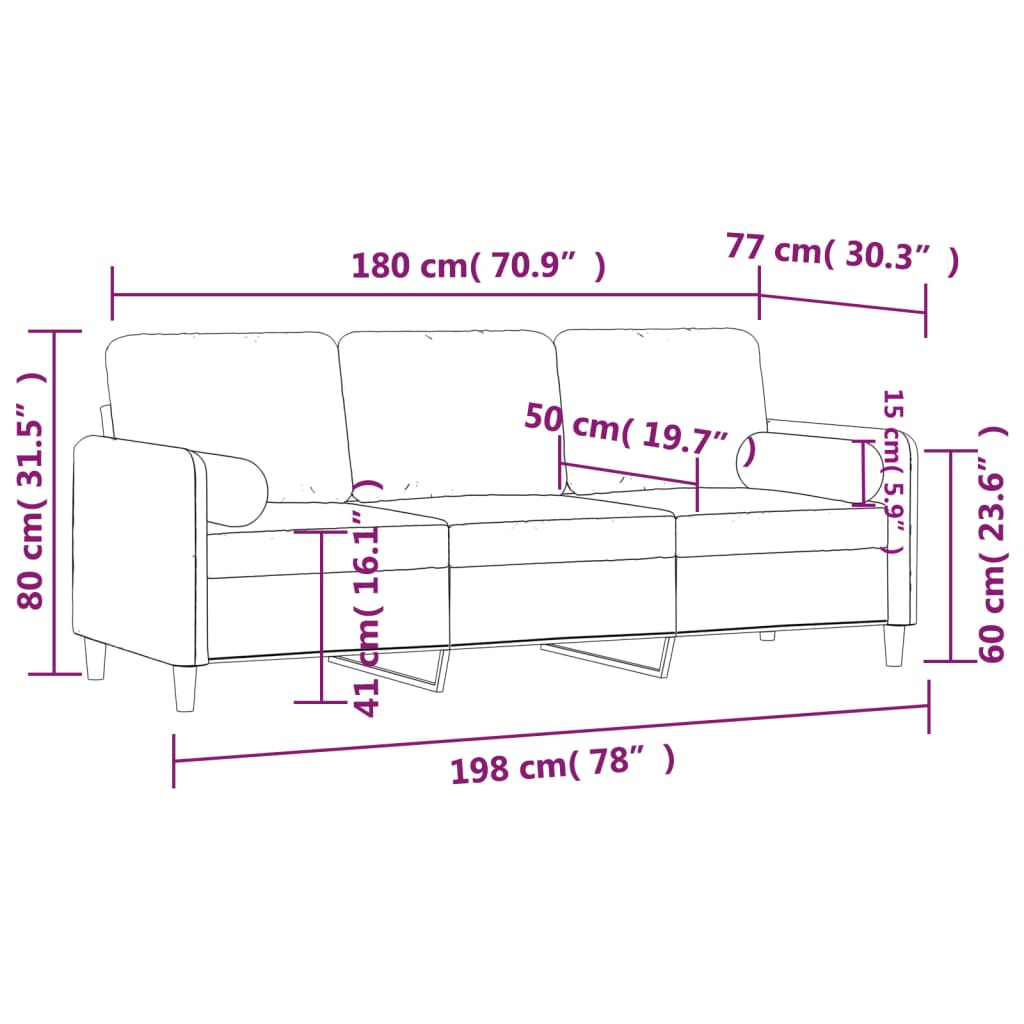 vidaXL Sofá de 3 plazas con cojines terciopelo rosa 180 cm