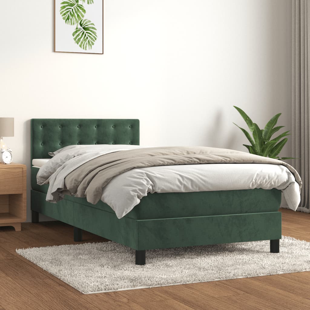 vidaXL Cama box spring colchón y LED terciopelo verde oscuro 90x200 cm