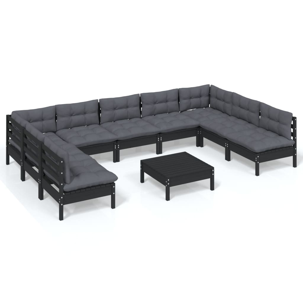 vidaXL Muebles de jardín 10 pzas y cojines negro madera maciza de pino