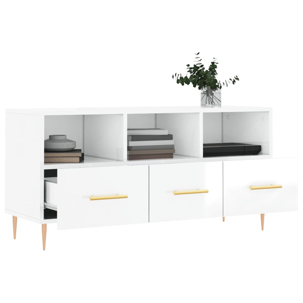 vidaXL Mueble de TV madera contrachapada blanco brillo 102x36x50 cm