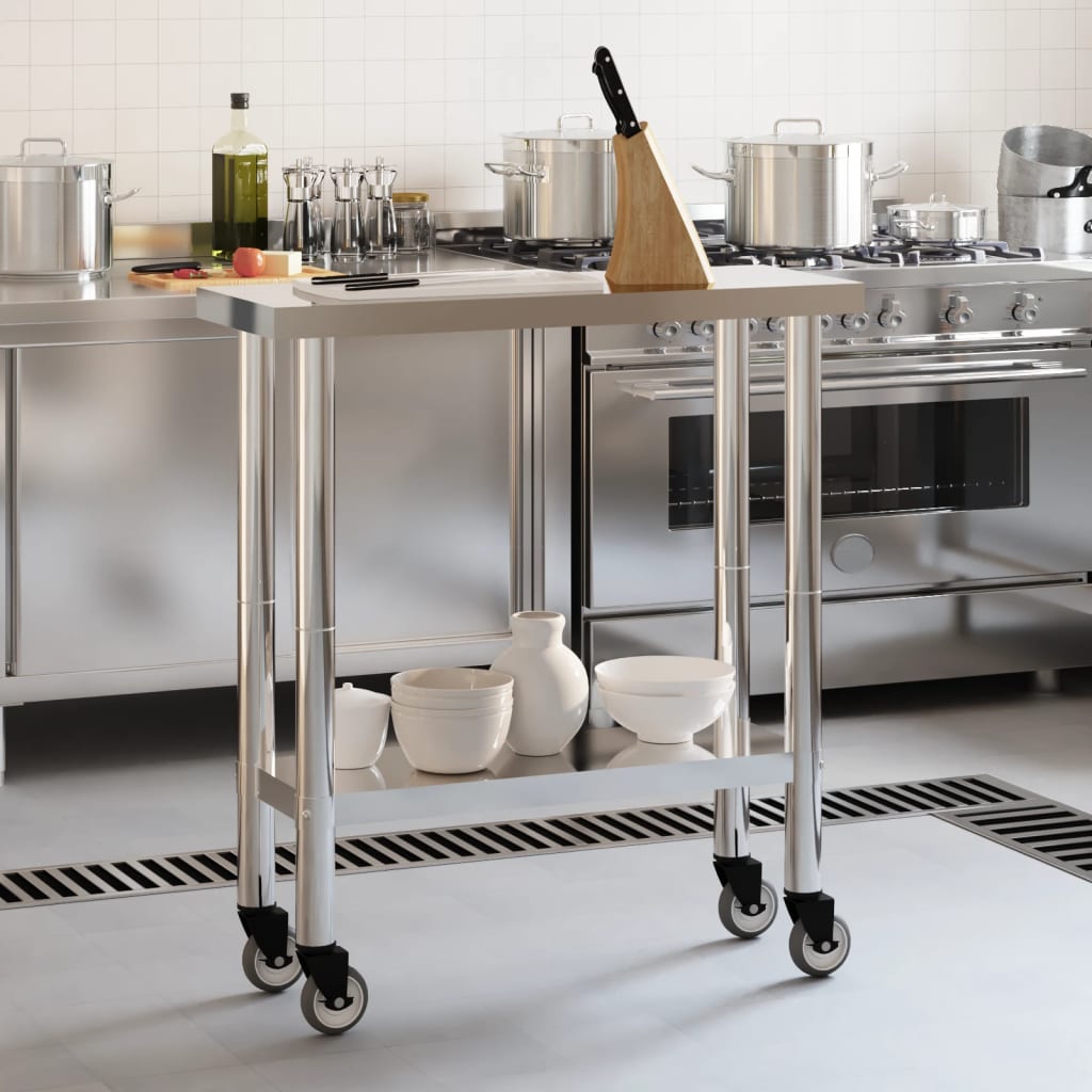 vidaXL Mesa de trabajo de cocina con ruedas acero inox 82,5x30x85 cm