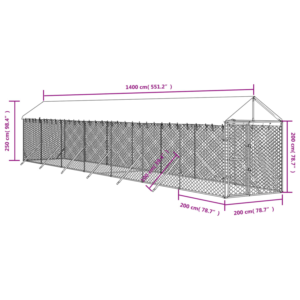 vidaXL Perrera de exterior con toldo acero galvanizado plata 2x14x2,5m