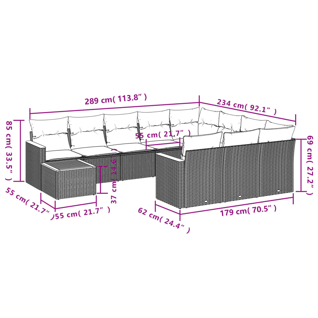 vidaXL Set de sofás de jardín 11 pzas y cojines ratán sintético gris