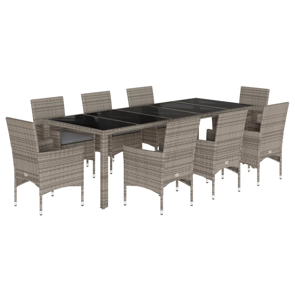 vidaXL Set comedor jardín 9 pzas y cojines ratán sintético vidrio gris