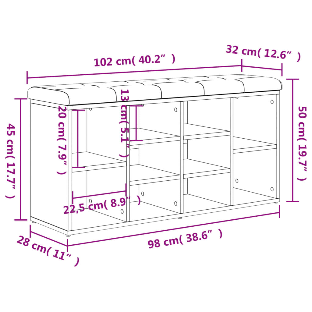 vidaXL Banco zapatero madera de ingeniería roble Sonoma 102x32x50 cm