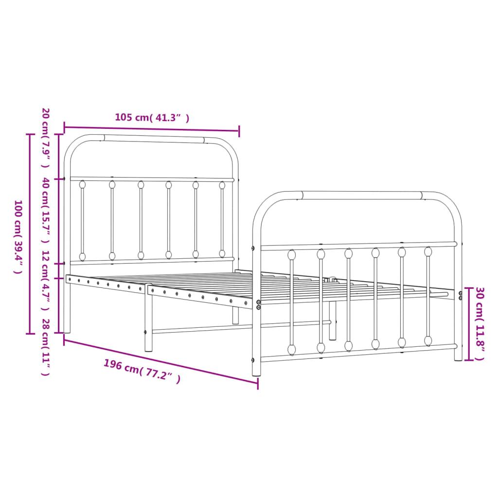 vidaXL Estructura cama sin colchón con estribo metal negro 100x190 cm