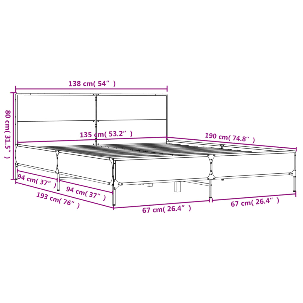 vidaXL Estructura cama madera ingeniería metal roble ahumado 135x190cm