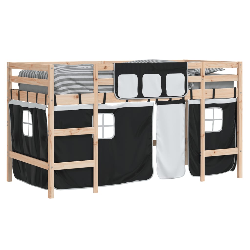 vidaXL Cama alta niños con cortinas madera pino blanco negro 80x200 cm