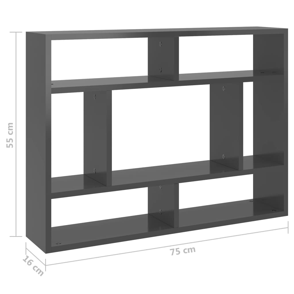 vidaXL Estantería pared madera contrachapada gris brillo 75x16x55 cm