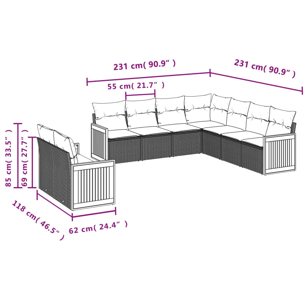 vidaXL Set de sofás de jardín 9 pzas con cojines ratán sintético beige