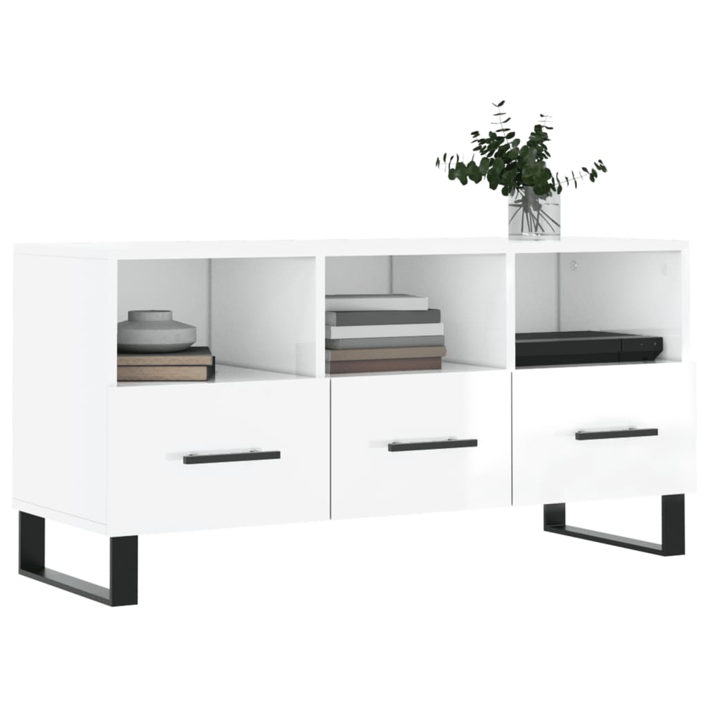 vidaXL Mueble de TV madera contrachapada blanco brillo 102x36x50 cm