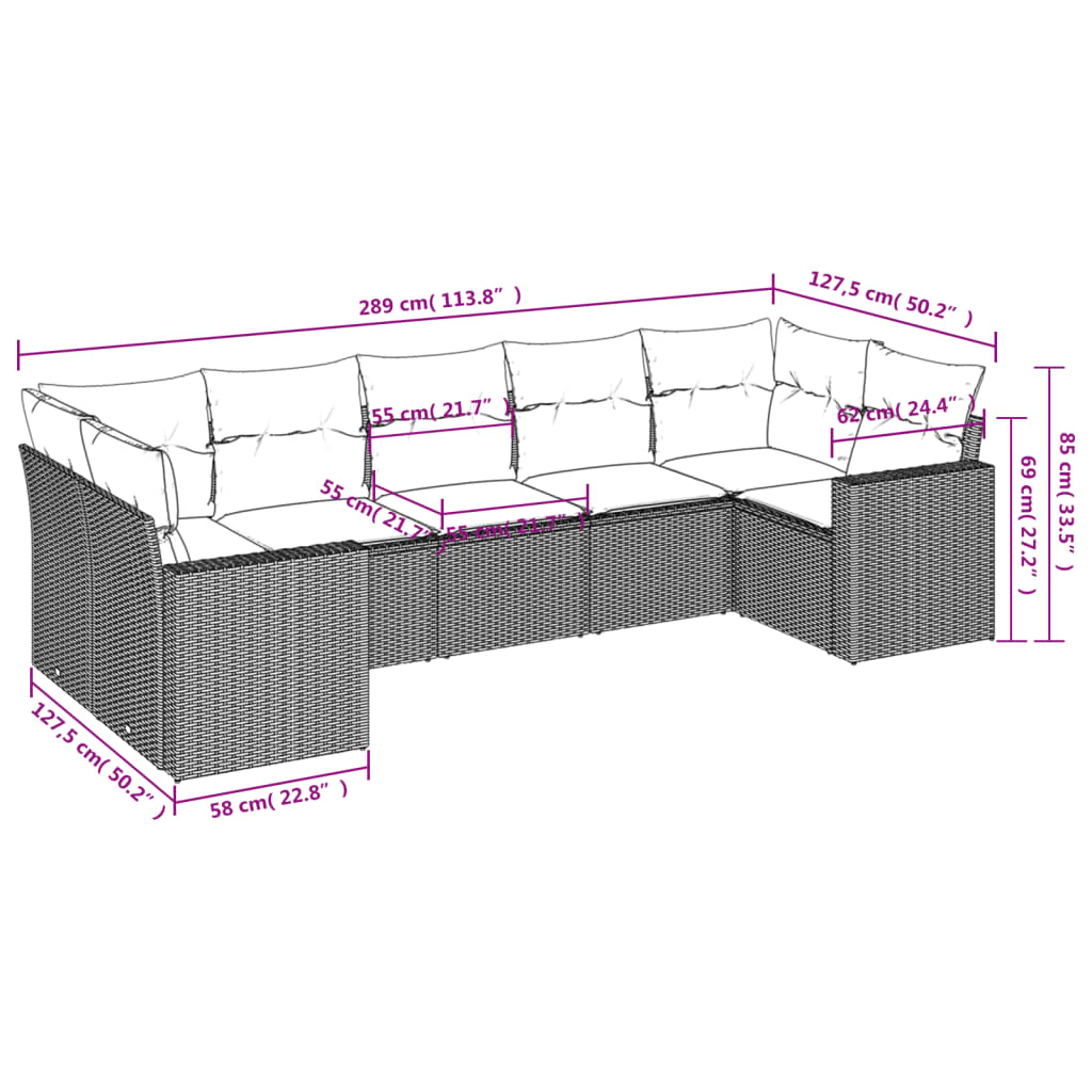 vidaXL Set de comedor de jardín 7 pzas y cojines ratán sintético negro