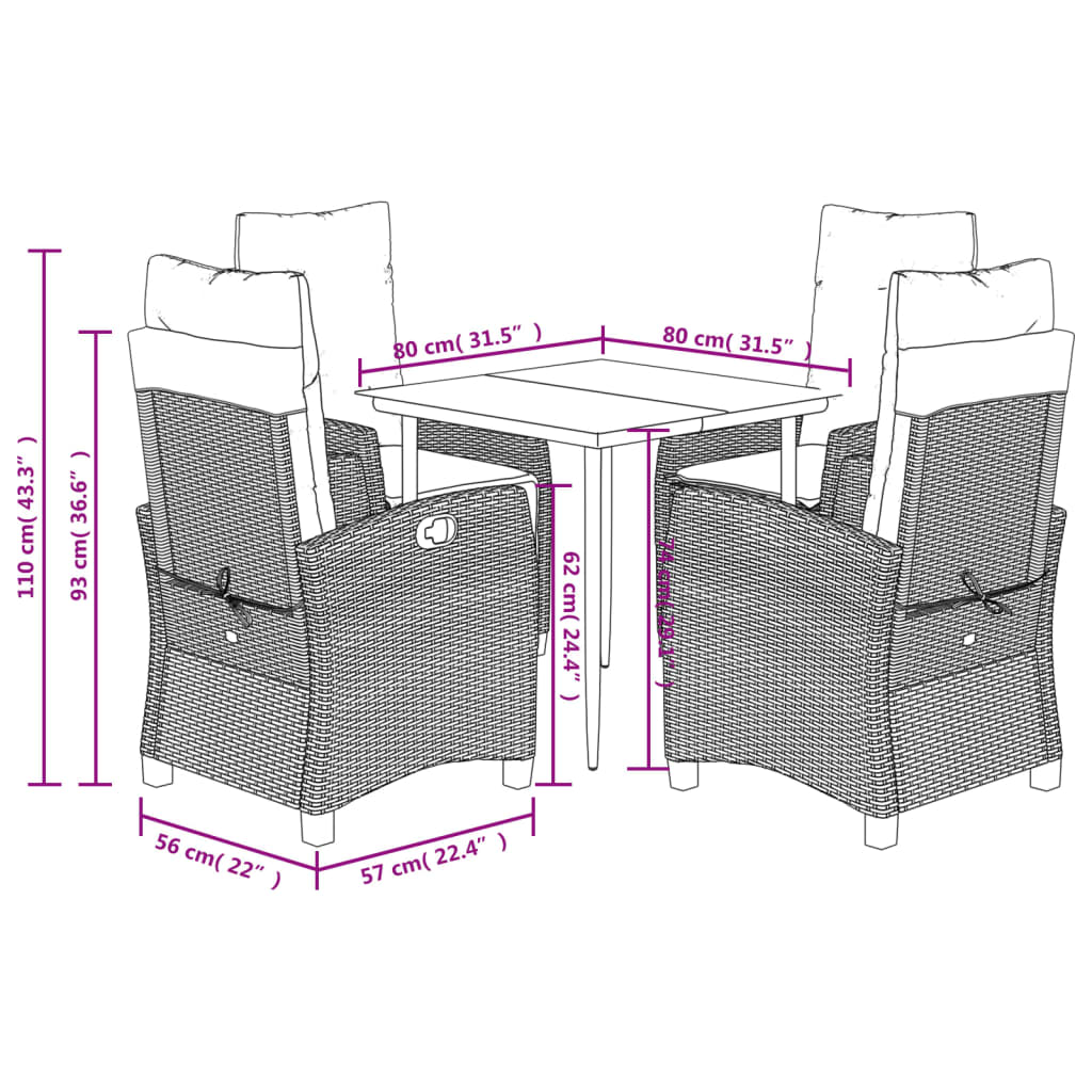 vidaXL Set comedor de jardín 5 pzas cojines ratán sintético gris claro