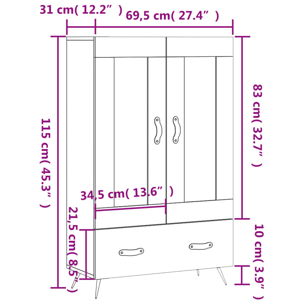 vidaXL Aparador alto madera de ingeniería negro 69,5x31x115 cm