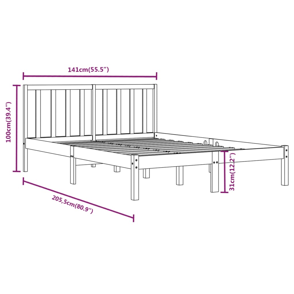 vidaXL Estructura de cama madera maciza de pino negro 135x190 cm