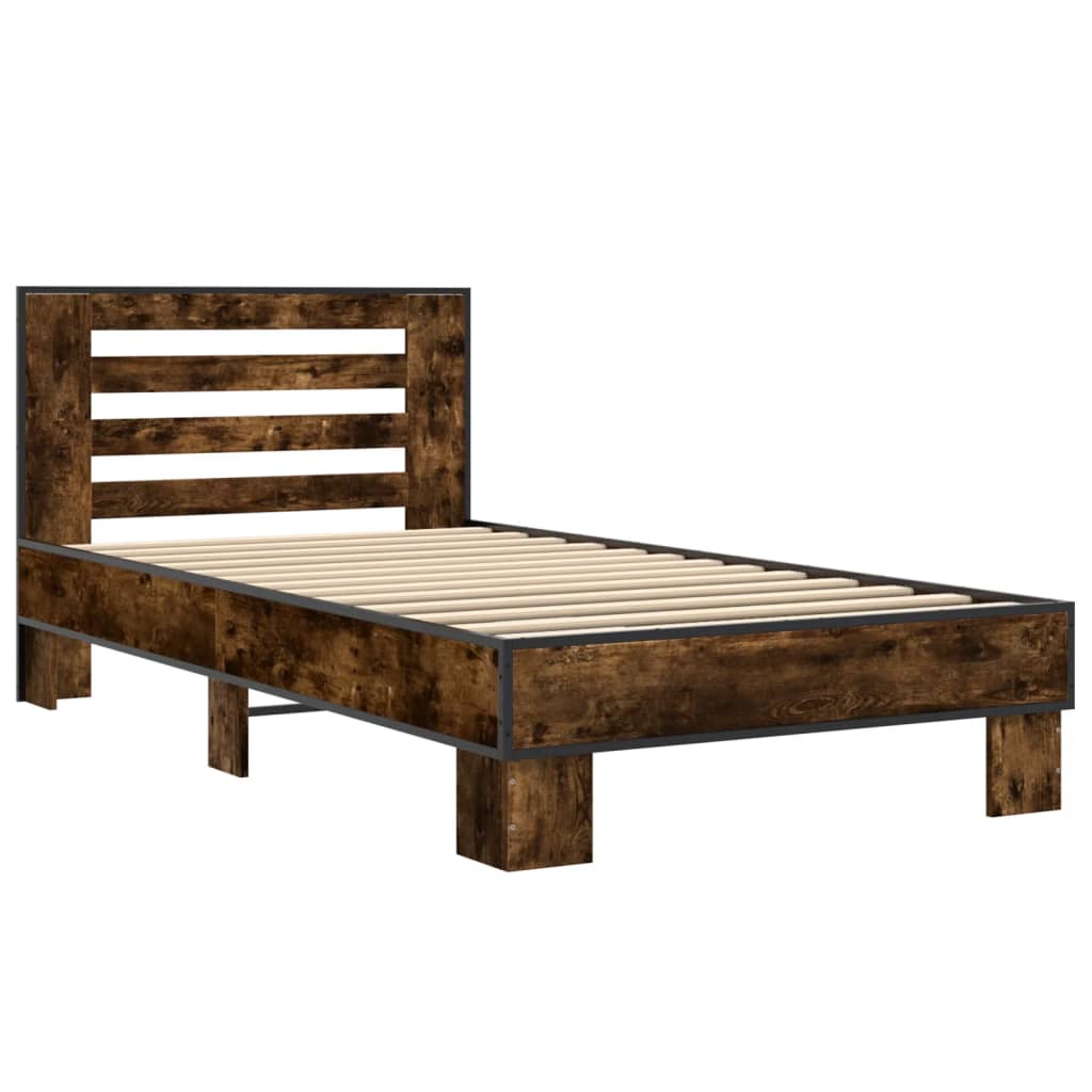 vidaXL Estructura cama madera ingeniería metal roble ahumado 90x190 cm