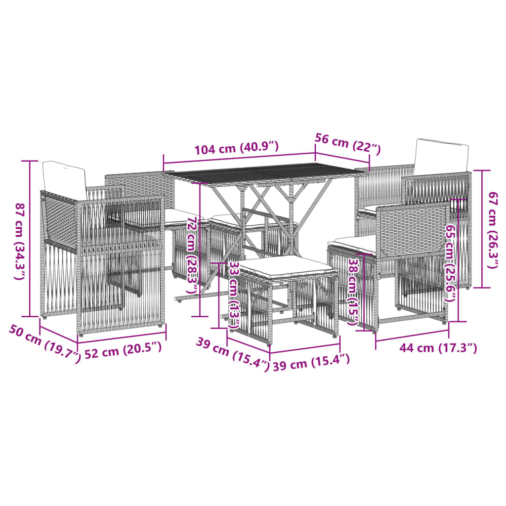 vidaXL Set de comedor de jardín 7 pzas y cojines ratán sintético negro