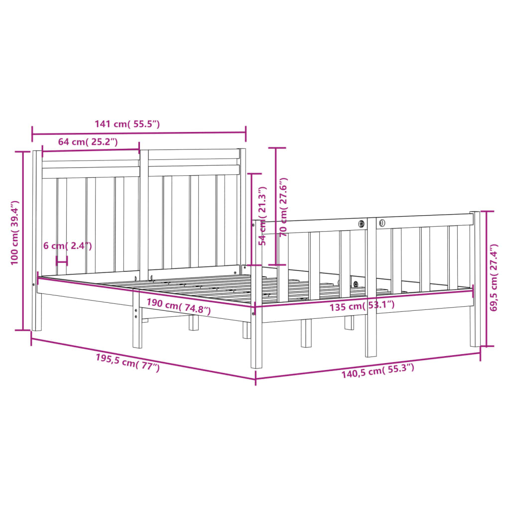 vidaXL Estructura de cama de matrimonio madera maciza 135x190 cm