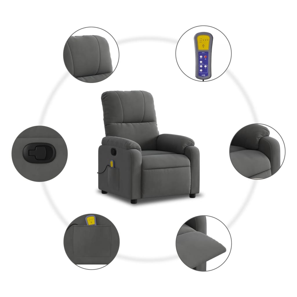 vidaXL Sillón reclinable de masaje tela de microfibra gris oscuro