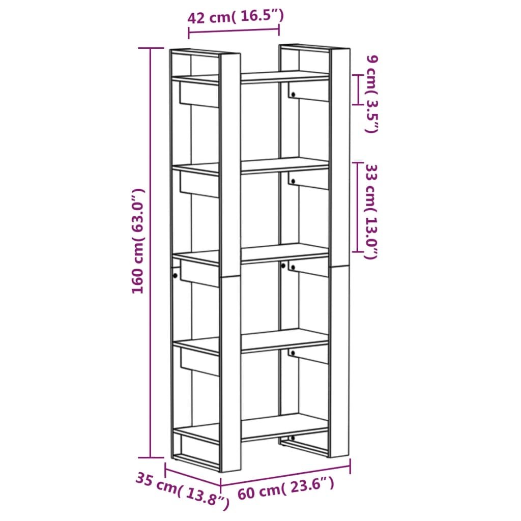 vidaXL Estantería/divisor de espacios madera maciza negro 60x35x160 cm