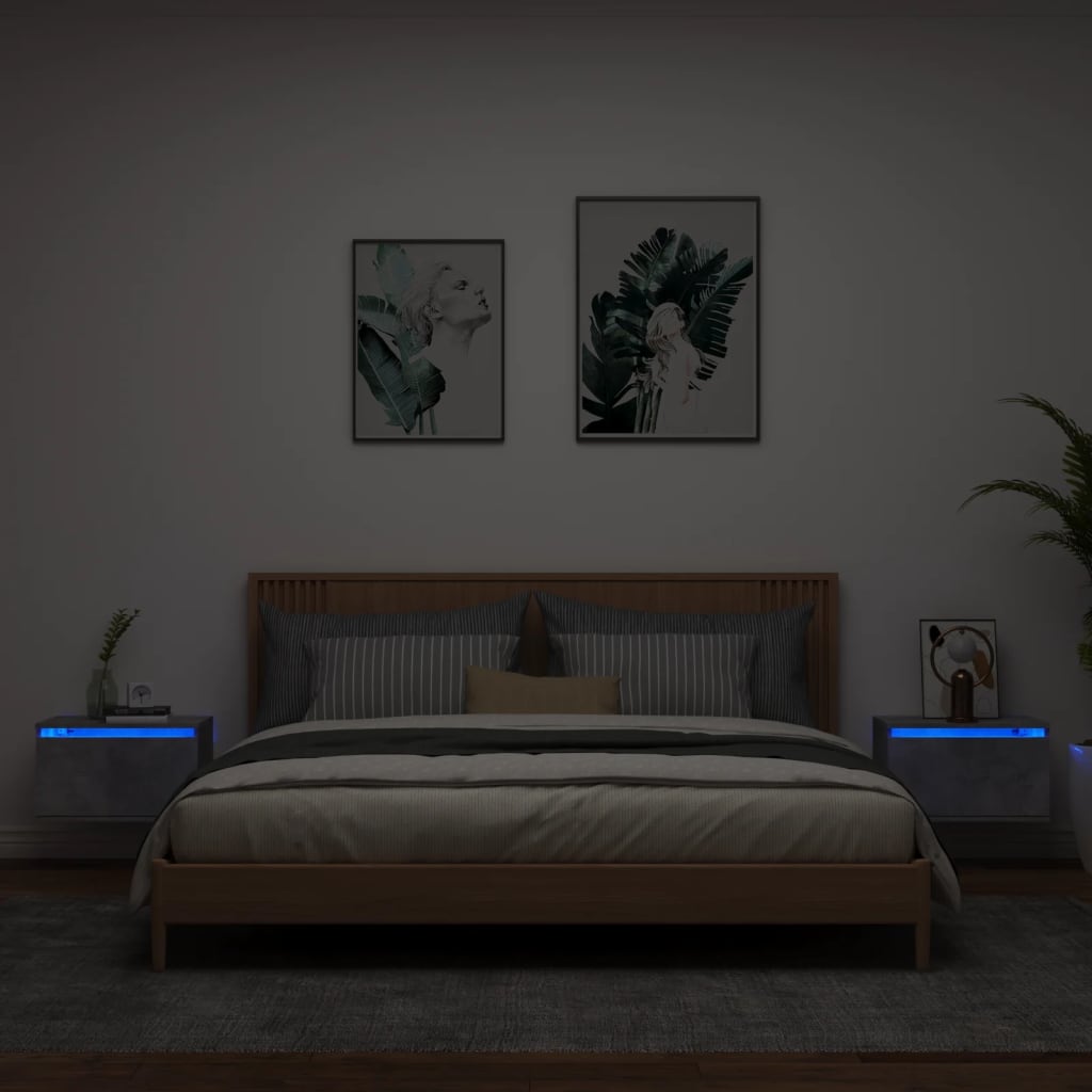 vidaXL Mesitas de noche de pared con luces LED 2 uds gris hormigón