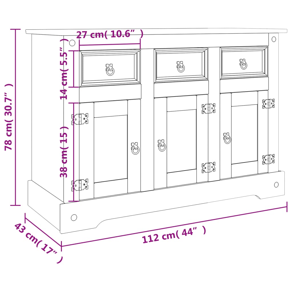 vidaXL Aparador Corona madera maciza pino mexicano gris 112x43x78 cm