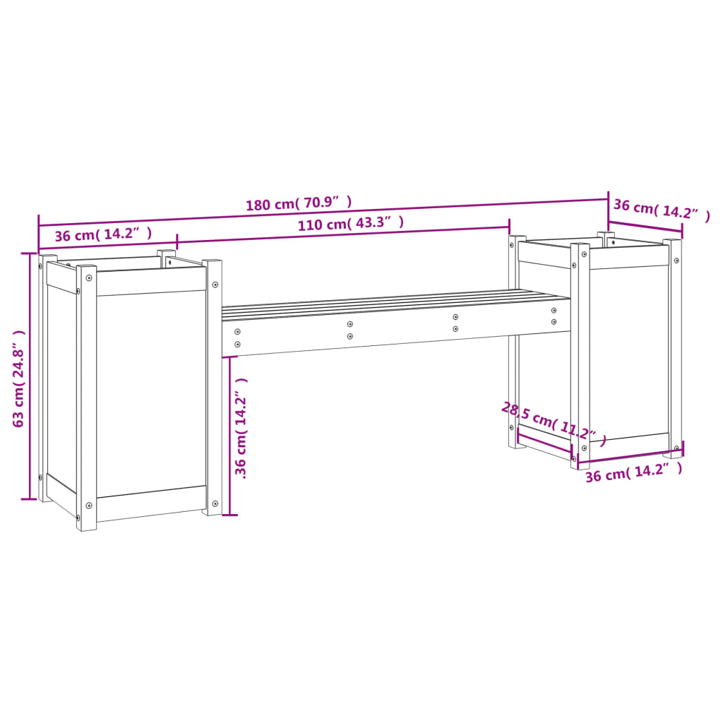 vidaXL Banco con jardineras madera maciza de pino negro 180x36x63 cm