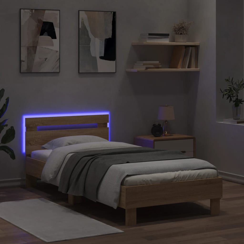 vidaXL Estructura de cama cabecero luces LED roble Sonoma 90x190 cm