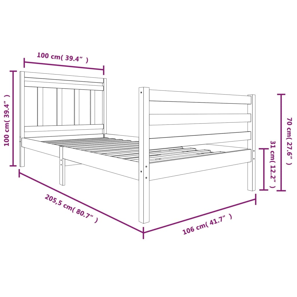 vidaXL Estructura de cama madera maciza negra 100x200 cm