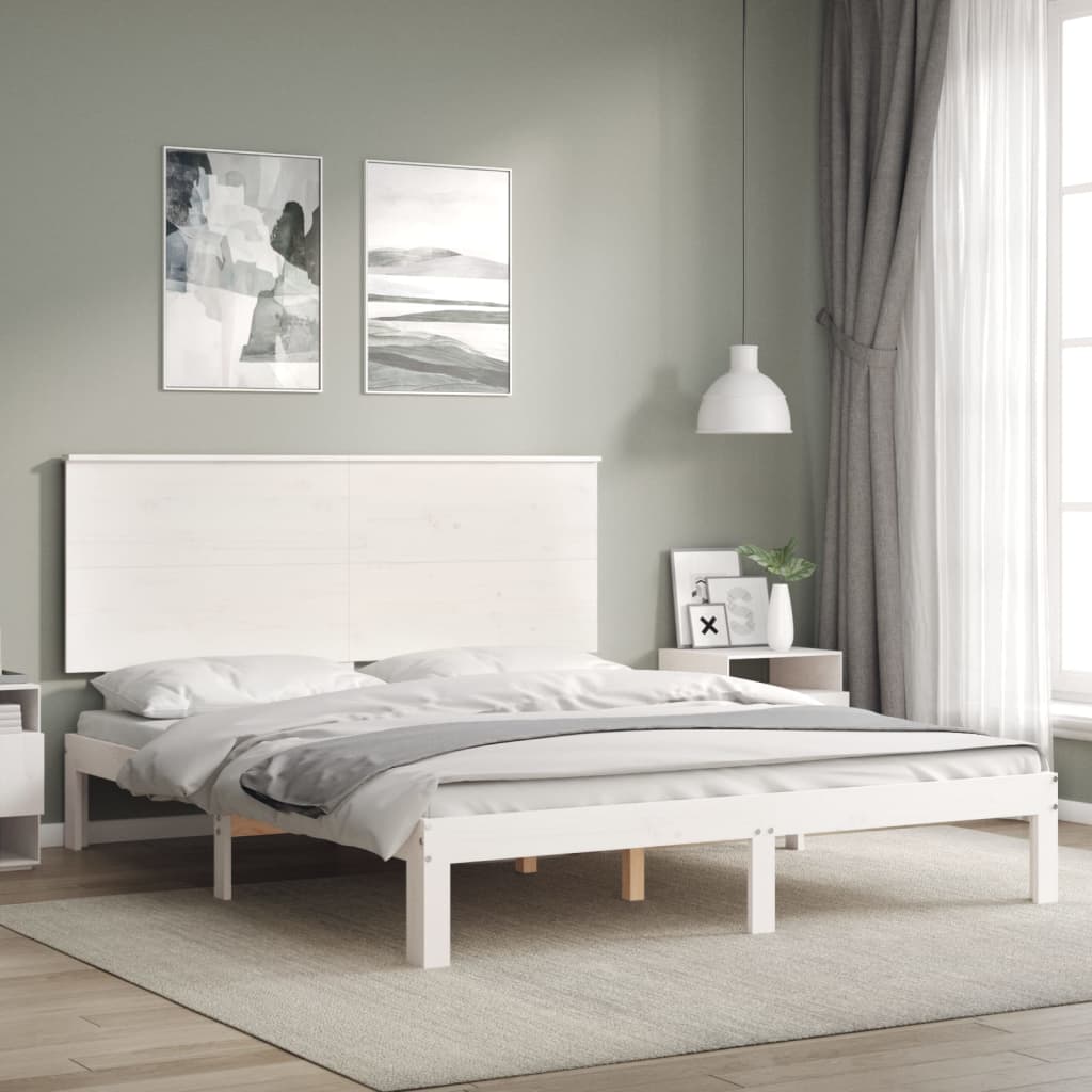 vidaXL Estructura de cama matrimonio con cabecero madera maciza blanco