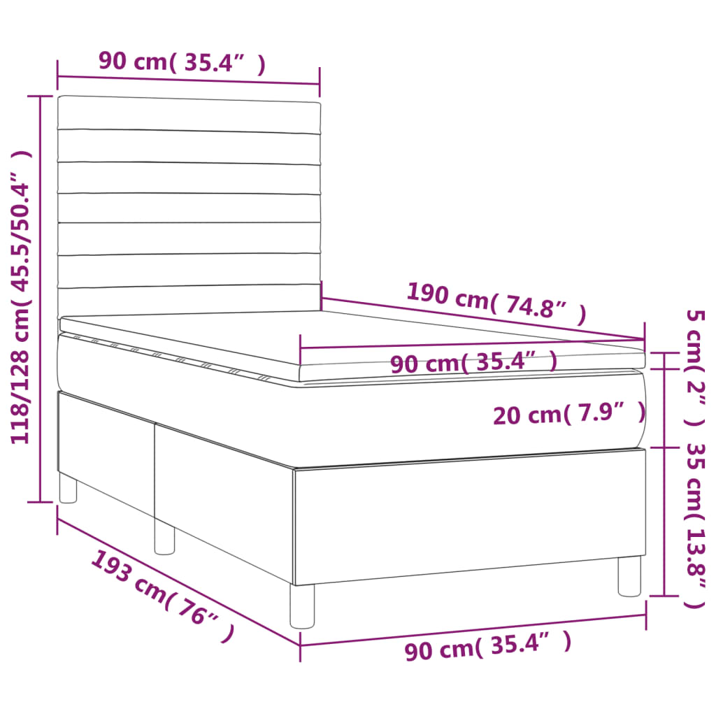 vidaXL Cama box spring colchón y luces LED tela color crema 90x190 cm