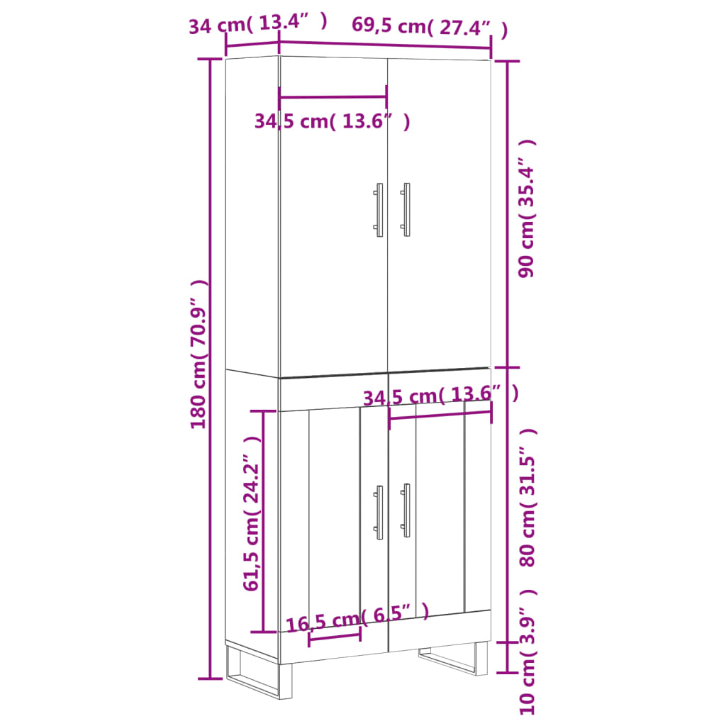 vidaXL Aparador alto madera contrachapada blanco 69,5x34x180 cm