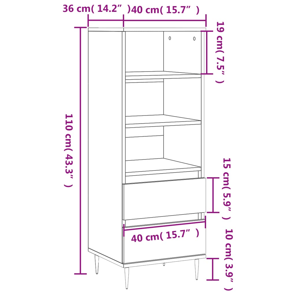 vidaXL Aparador alto madera contrachapada blanco brillo 40x36x110 cm