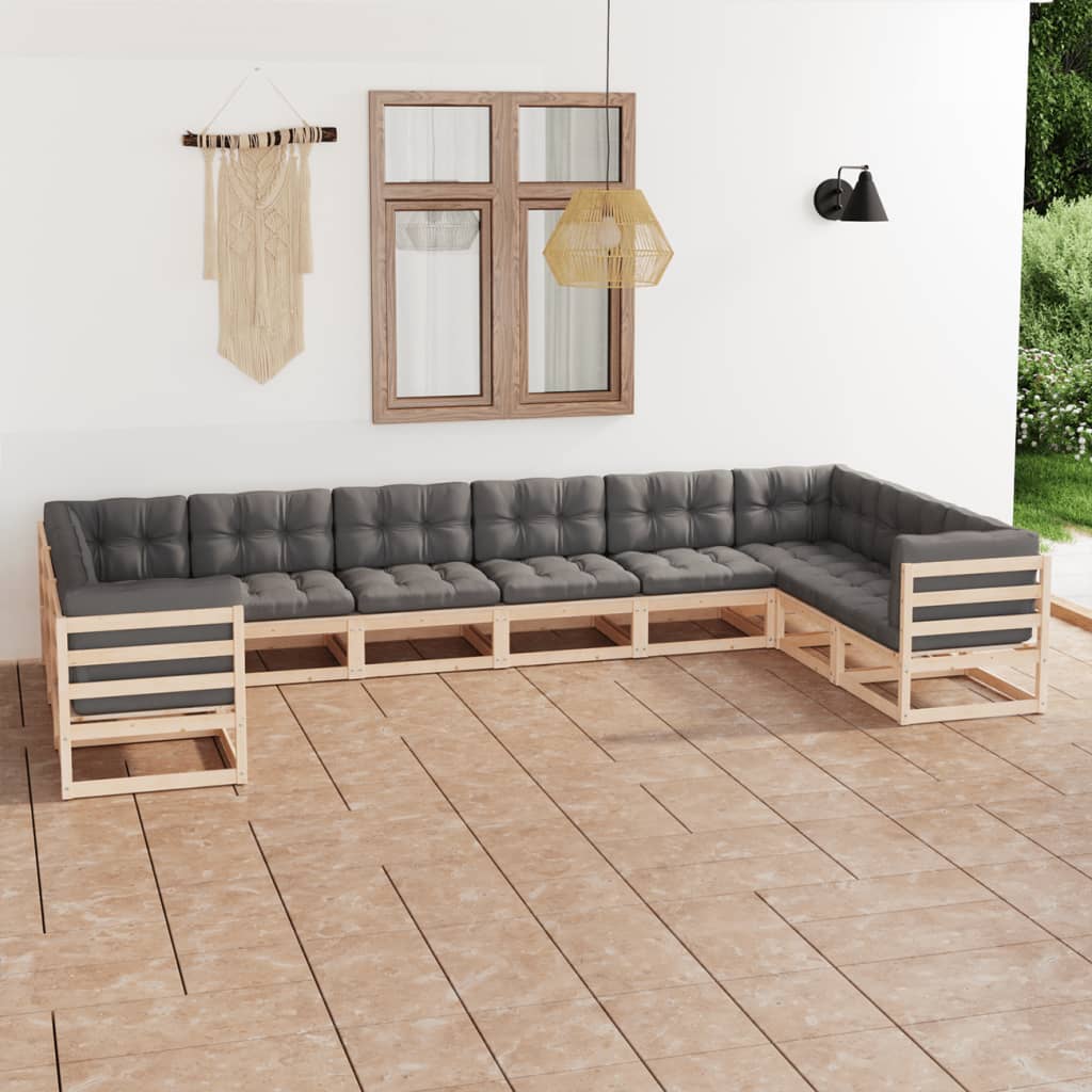 vidaXL Juego de muebles de jardín 10 pzas y cojines madera maciza pino