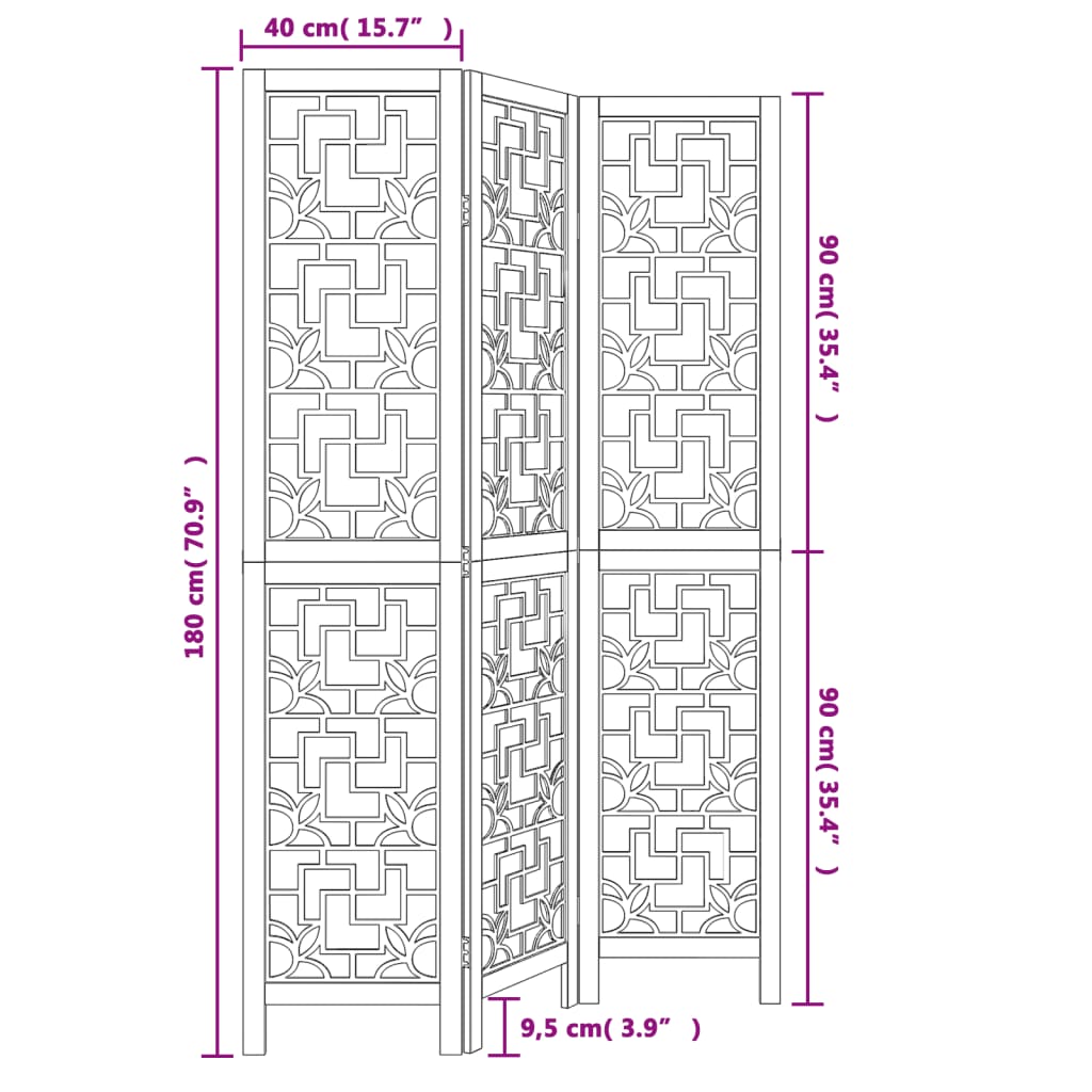 vidaXL Biombo separador de 3 paneles madera maciza paulownia marrón